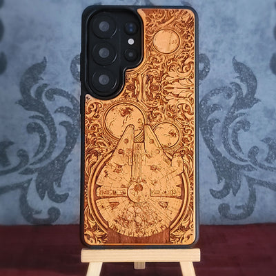 star wars wood phone case featuring the millennium falcon ship