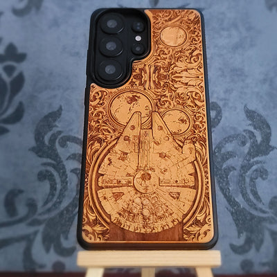 star wars wood phone case featuring the millennium falcon ship