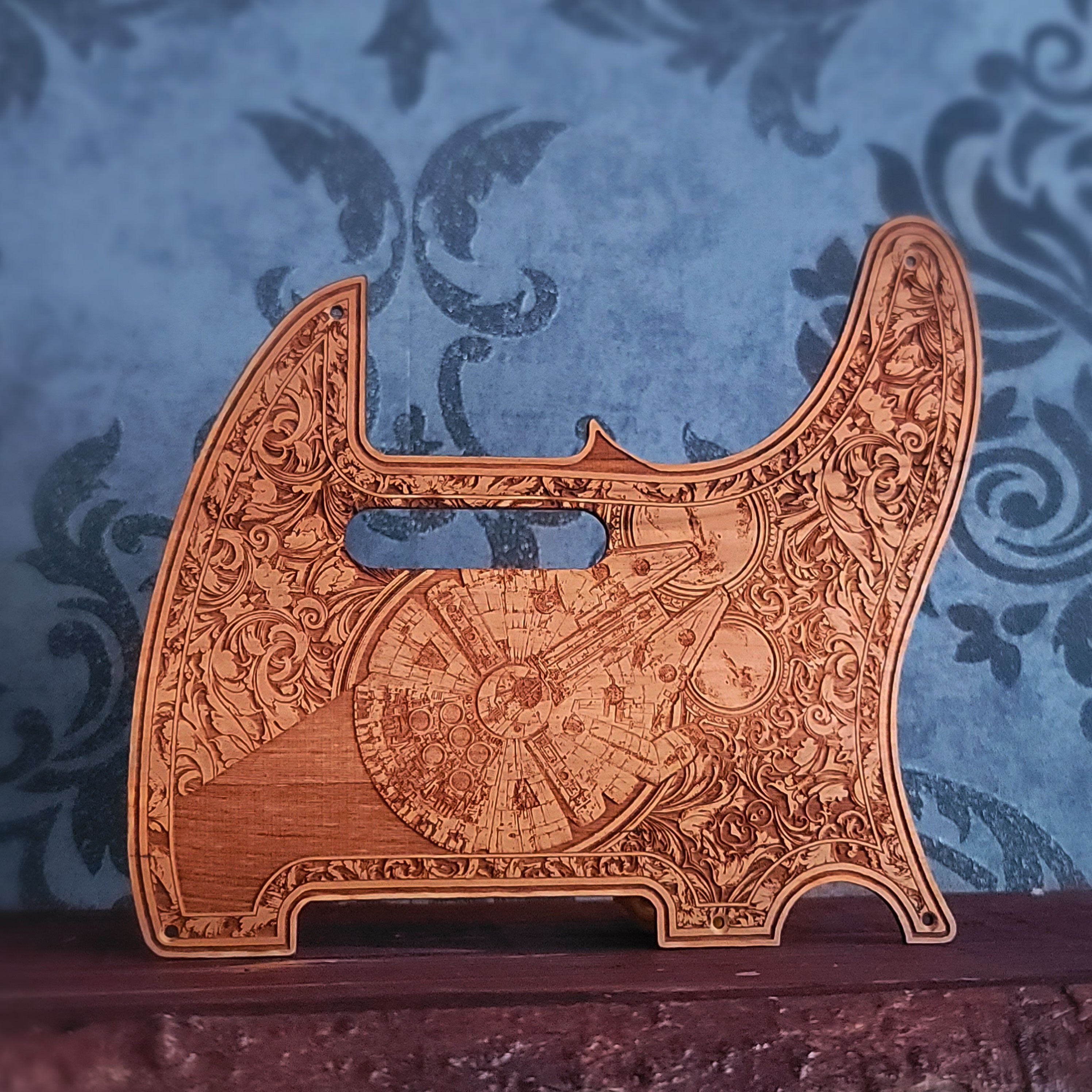 Millennium Falcon engraved wood Telecaster pickguard with ornate Star Wars design