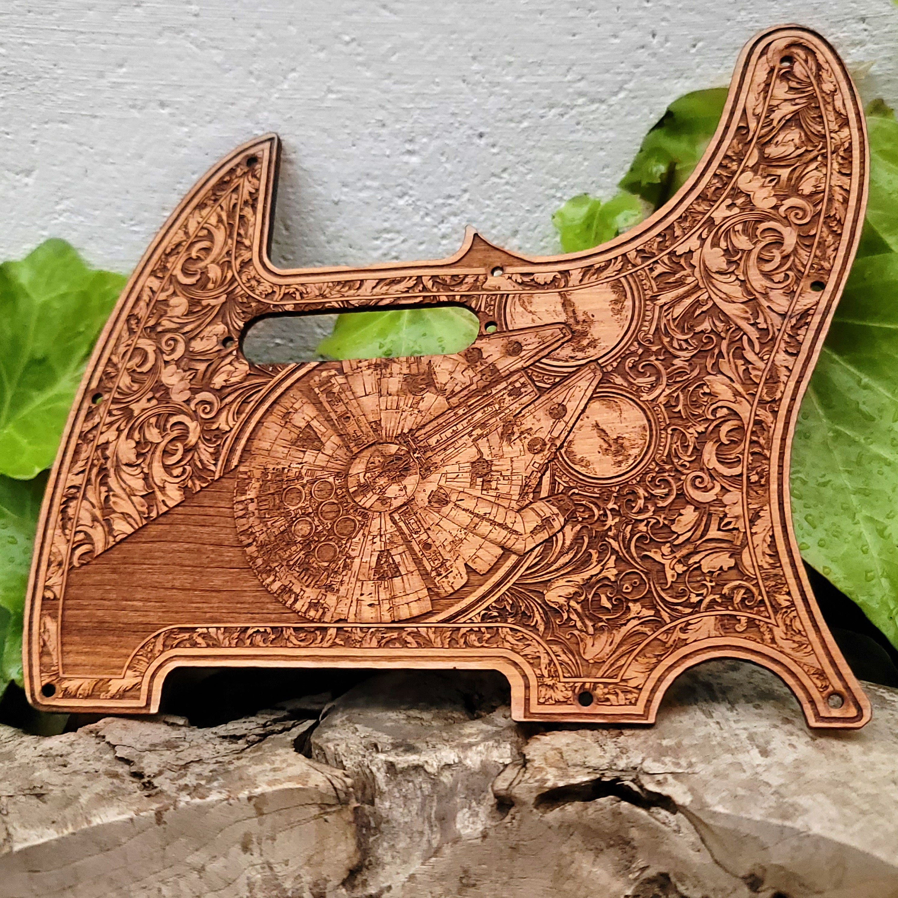 Wooden telecaster guitar pickguard with laser engraved millennium falcon design 