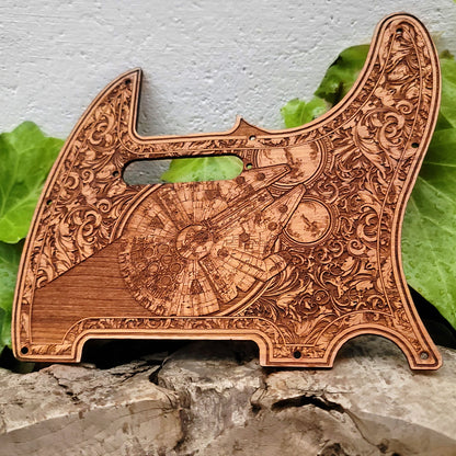 Wooden telecaster guitar pickguard with laser engraved millennium falcon design 