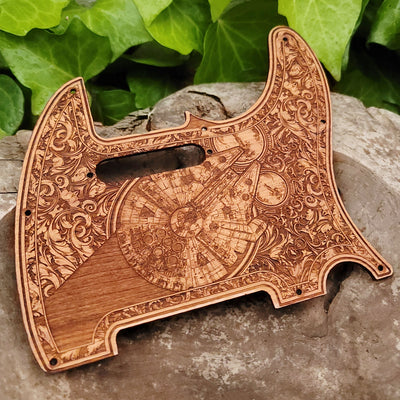 Wooden telecaster guitar pickguard with laser engraved millennium falcon design 