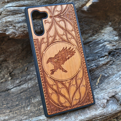 Wood Phone Case featuring a Moon and Raven design, laser-engraved for a unique and mystical look. Compatible with iPhone , iPhone 15, 14, 13, 12, 11 Pro Max Mini, and Samsung Galaxy S, S24, S23, S22, S21, S20 Ultra Plus Note 20. Slim, durable, and protective—order now for a personalized touch!