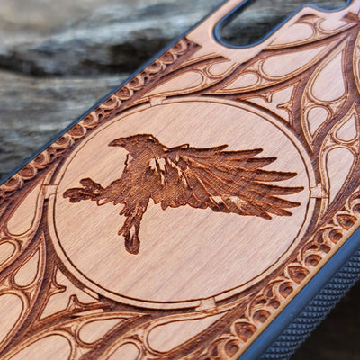 Wood Phone Case featuring a Moon and Raven design, laser-engraved for a unique and mystical look. Compatible with iPhone , iPhone 15, 14, 13, 12, 11 Pro Max Mini, and Samsung Galaxy S, S24, S23, S22, S21, S20 Ultra Plus Note 20. Slim, durable, and protective—order now for a personalized touch!