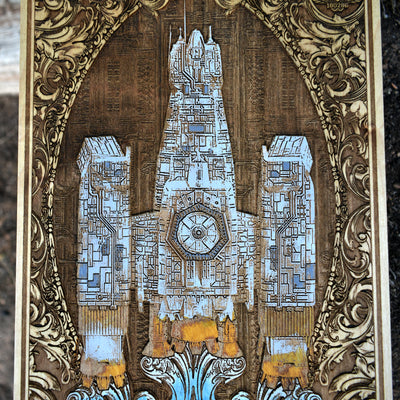 Iconic Nostromo spaceship laser-cut on wood, great sci-fi collector’s gift.