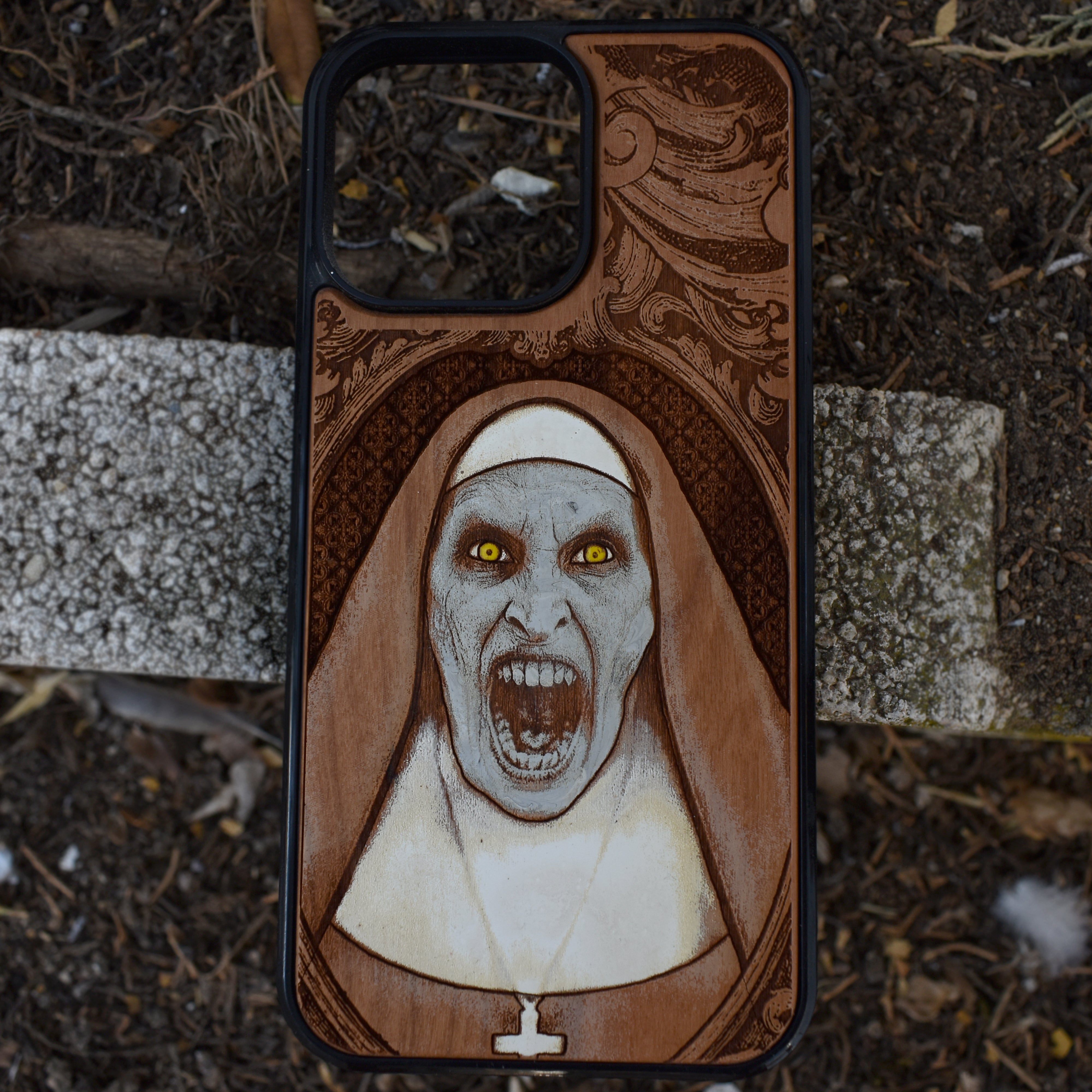 Hand-painted gothic vampire nun wood phone case with horror art for iPhone 16–11 and Samsung Galaxy S25–S20