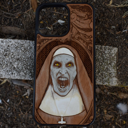 Hand-painted gothic vampire nun wood phone case with horror art for iPhone 16–11 and Samsung Galaxy S25–S20