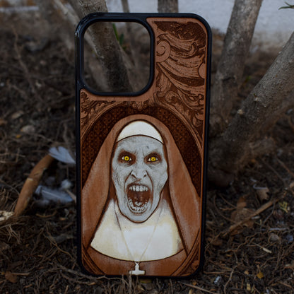 Hand-painted gothic vampire nun wood phone case with horror art for iPhone 16–11 and Samsung Galaxy S25–S20