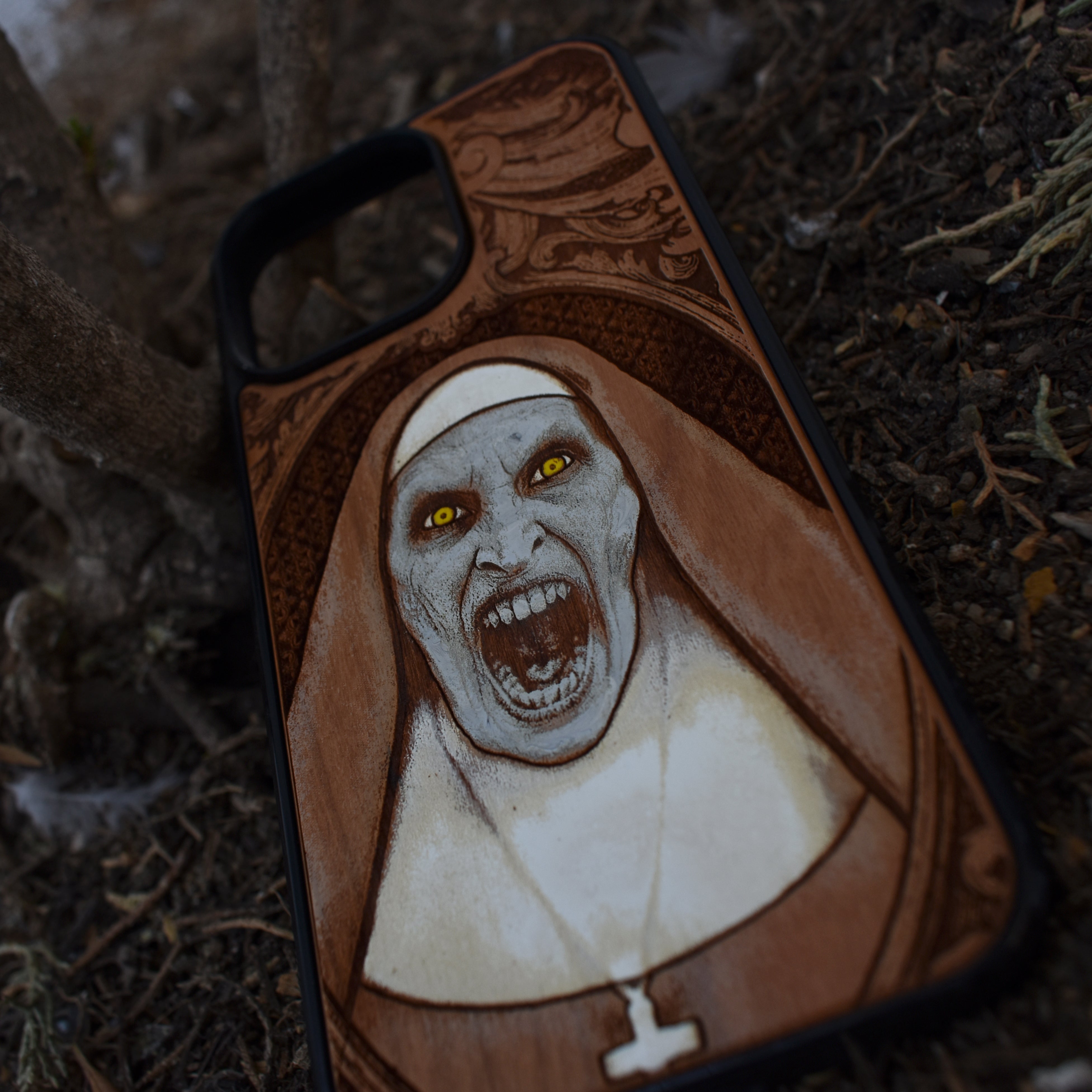 Hand-painted gothic vampire nun wood phone case with horror art for iPhone 16–11 and Samsung Galaxy S25–S20