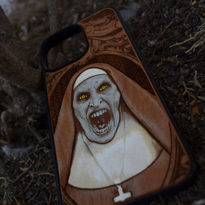 Hand-painted gothic vampire nun wood phone case with horror art for iPhone –11 and Samsung Galaxy S–S20