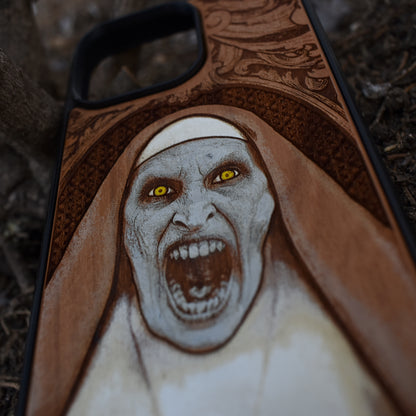 Hand-painted gothic vampire nun wood phone case with horror art for iPhone 16–11 and Samsung Galaxy S25–S20
