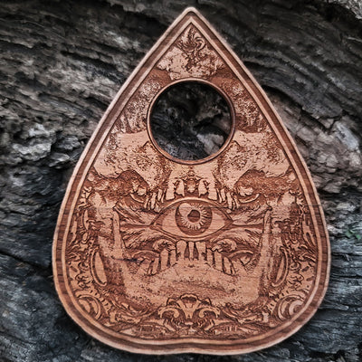 Ouija wall art with classic Yes/No planchette design, engraved and filled.