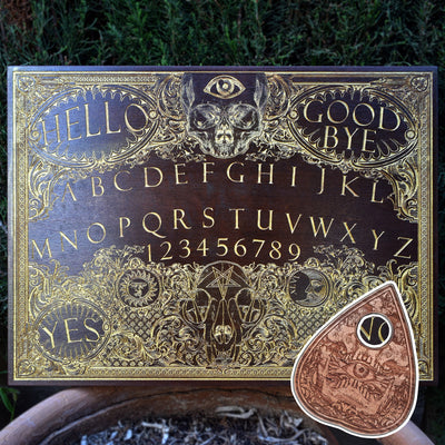 Ouija Board Walnut Stain & Gold - Large – gothic art, engraved wood, dark fantasy, skeleton design, artisan crafted