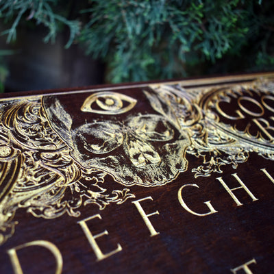 Gothic engraved wood art – gothic art, engraved wood, dark fantasy, skeleton design, artisan crafted