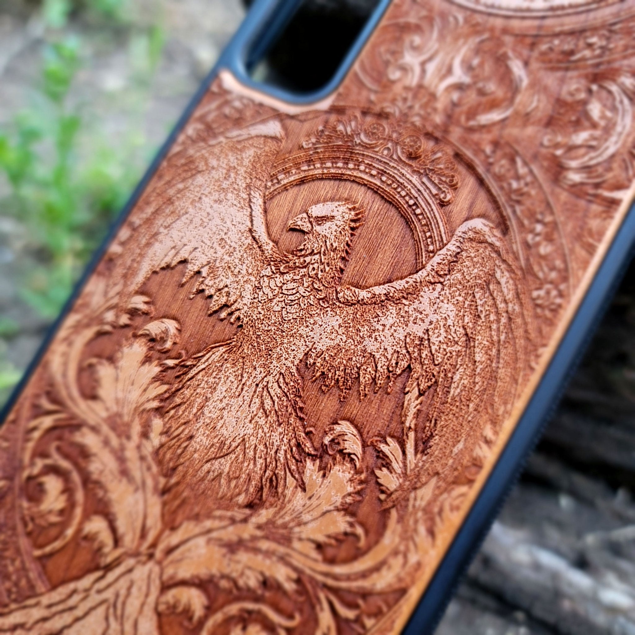 Phoenix rebirth wood phone case – engraved & hand-painted for iPhone , Galaxy S – fiery symbolic design of transformation