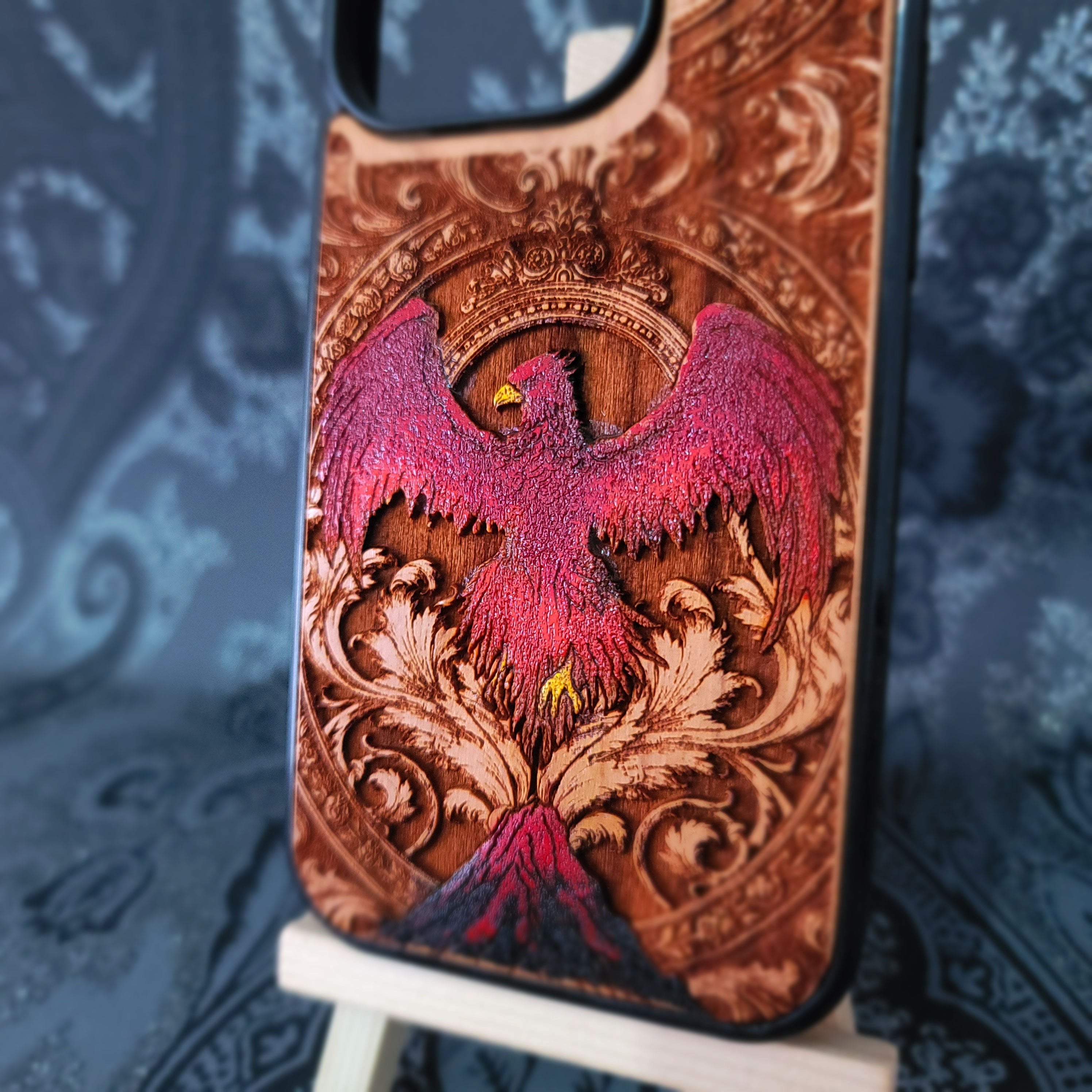 Phoenix Bird Wood Phone Case - Hand Painted