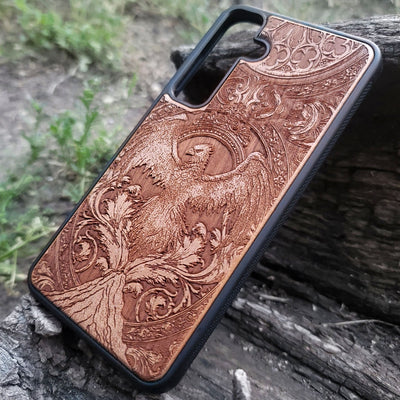 Phoenix rebirth wood phone case – engraved & hand-painted for iPhone , Galaxy S – fiery symbolic design of transformation