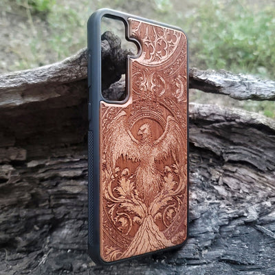 Phoenix rebirth wood phone case – engraved & hand-painted for iPhone , Galaxy S – fiery symbolic design of transformation