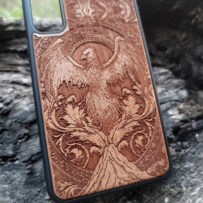Phoenix rebirth wood phone case – engraved & hand-painted for iPhone , Galaxy S – fiery symbolic design of transformation