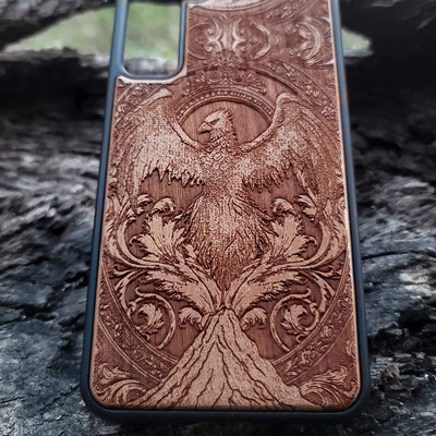 Phoenix rebirth wood phone case – engraved & hand-painted for iPhone , Galaxy S – fiery symbolic design of transformation
