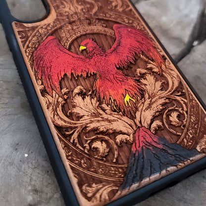 Phoenix Bird Wood Phone Case - Hand Painted