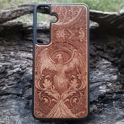 Phoenix rebirth wood phone case – engraved & hand-painted for iPhone , Galaxy S – fiery symbolic design of transformation