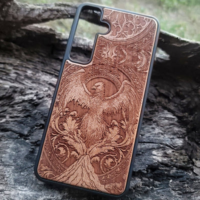 Phoenix rebirth wood phone case – engraved & hand-painted for iPhone , Galaxy S – fiery symbolic design of transformation