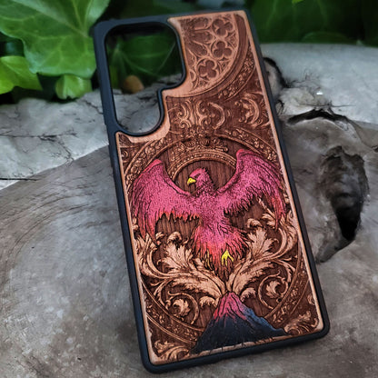 Phoenix Bird Wood Phone Case - Hand Painted