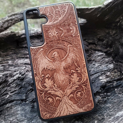 Phoenix rebirth wood phone case – engraved & hand-painted for iPhone , Galaxy S – fiery symbolic design of transformation