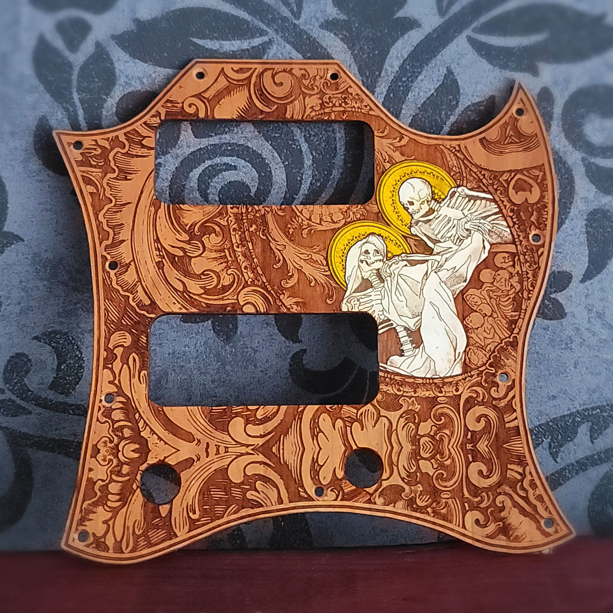 gibson sg wood pickguard hand painted and laser engraved with skeletons
