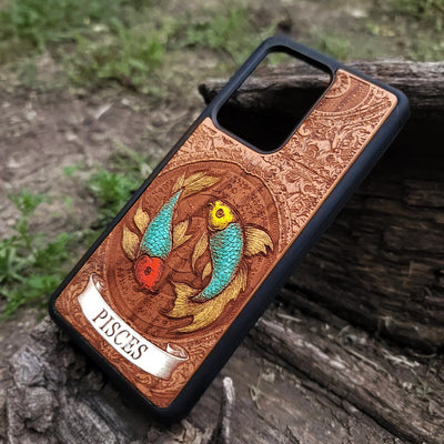 Hand-painted Pisces star sign phone case with cosmic zodiac artwork