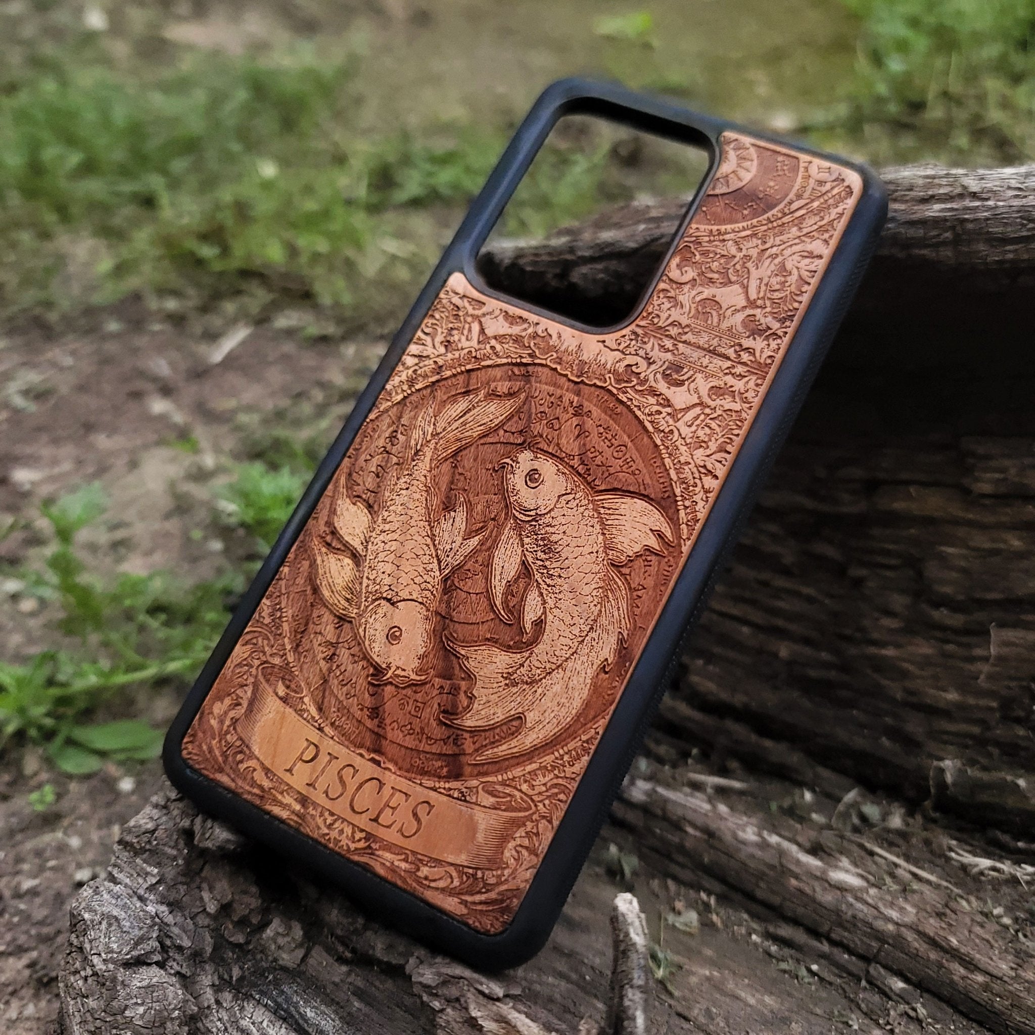 Handmade astrology wood case featuring Pisces fish and stars