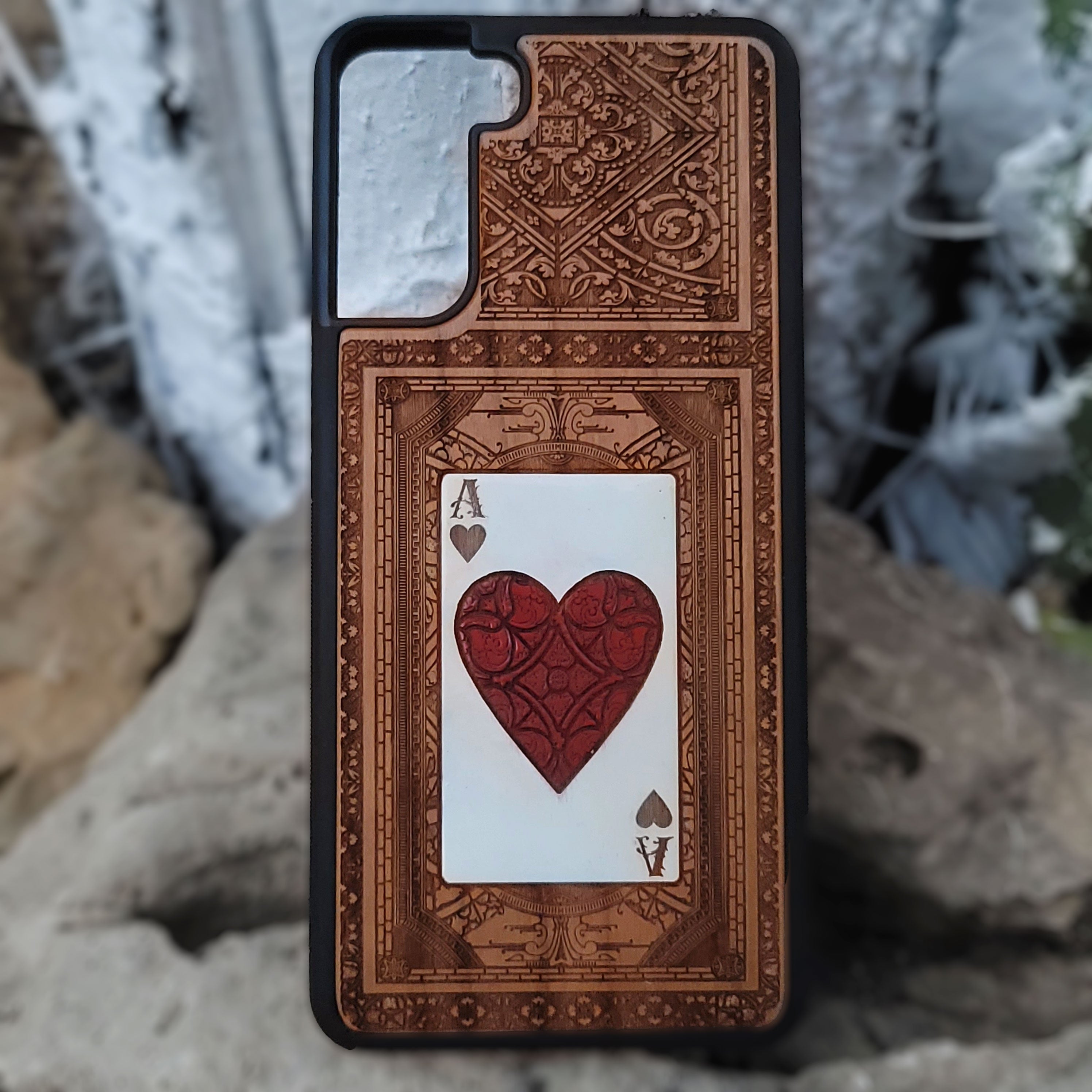 Engraved and painted Ace of Hearts wood phone case for iPhone and Galaxy