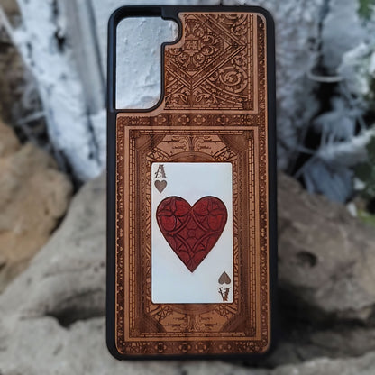 Engraved and painted Ace of Hearts wood phone case for iPhone and Galaxy