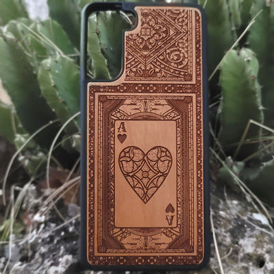 Engraved Ace of Hearts wood phone case for iPhone and Galaxy