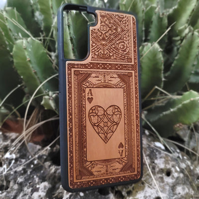 Engraved Ace of Hearts wood phone case for iPhone and Galaxy