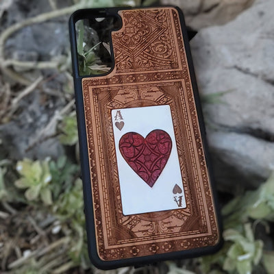 Engraved and painted Ace of Hearts wood phone case for iPhone and Galaxy