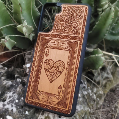 Engraved Ace of Hearts wood phone case for iPhone and Galaxy