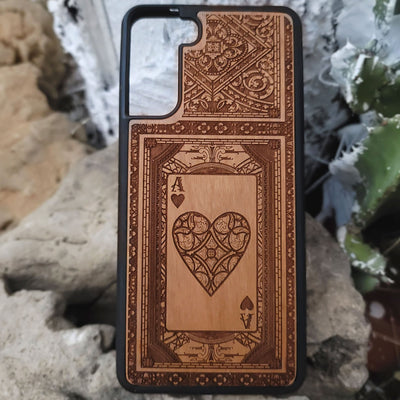 Engraved Ace of Hearts wood phone case for iPhone and Galaxy