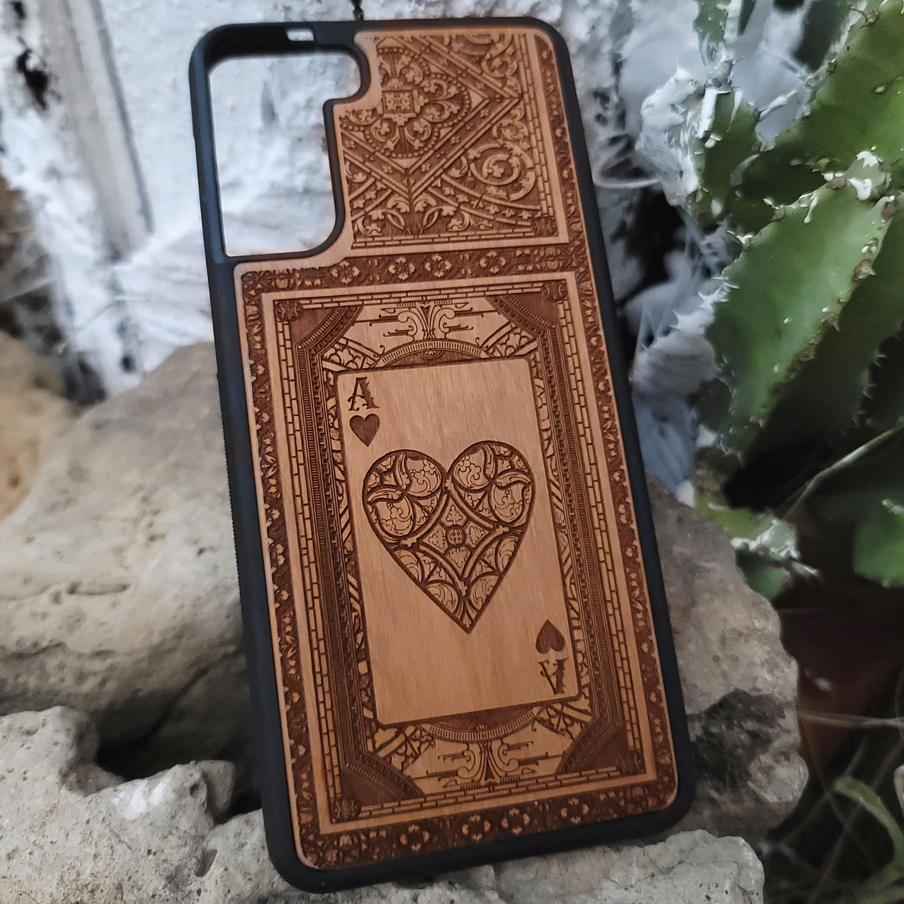Engraved Ace of Hearts wood phone case for iPhone and Galaxy