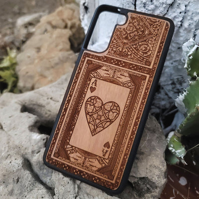 Engraved Ace of Hearts wood phone case for iPhone and Galaxy