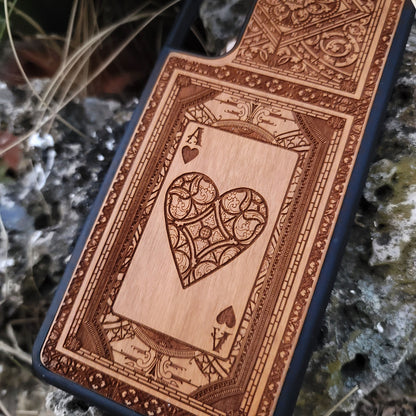 Engraved Ace of Hearts wood phone case for iPhone and Galaxy