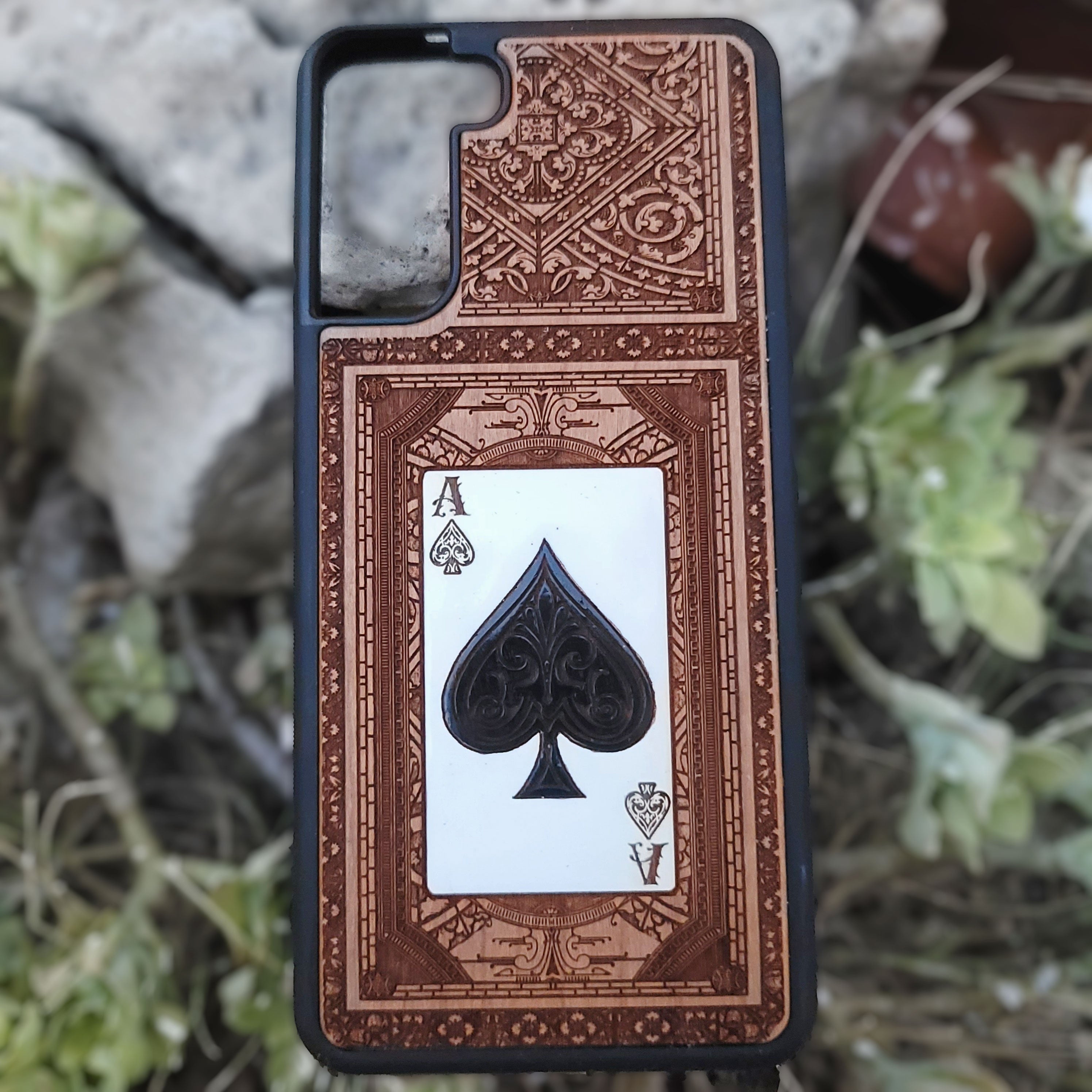 Engraved and painted Ace of Spades wood phone case for iPhone and Galaxy