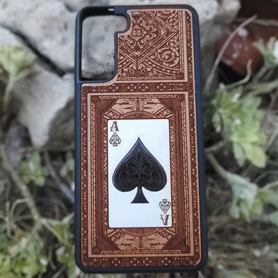 Engraved and painted Ace of Spades wood phone case for iPhone and Galaxy