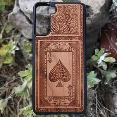 Engraved Ace of Spades wood phone case for iPhone and Galaxy