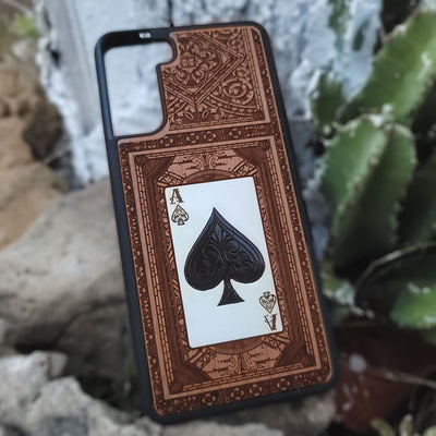 Engraved and painted Ace of Spades wood phone case for iPhone and Galaxy