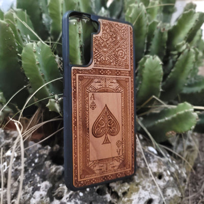 Engraved Ace of Spades wood phone case for iPhone and Galaxy