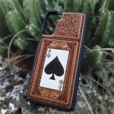 Engraved and painted Ace of Spades wood phone case for iPhone and Galaxy