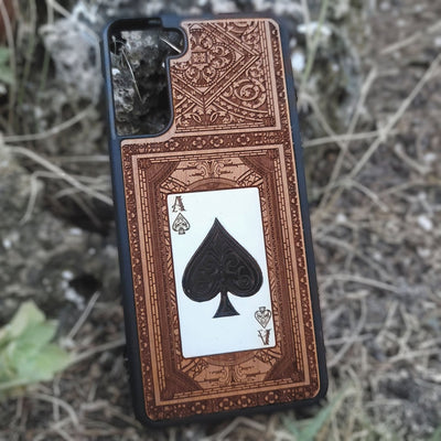 Engraved and painted Ace of Spades wood phone case for iPhone and Galaxy