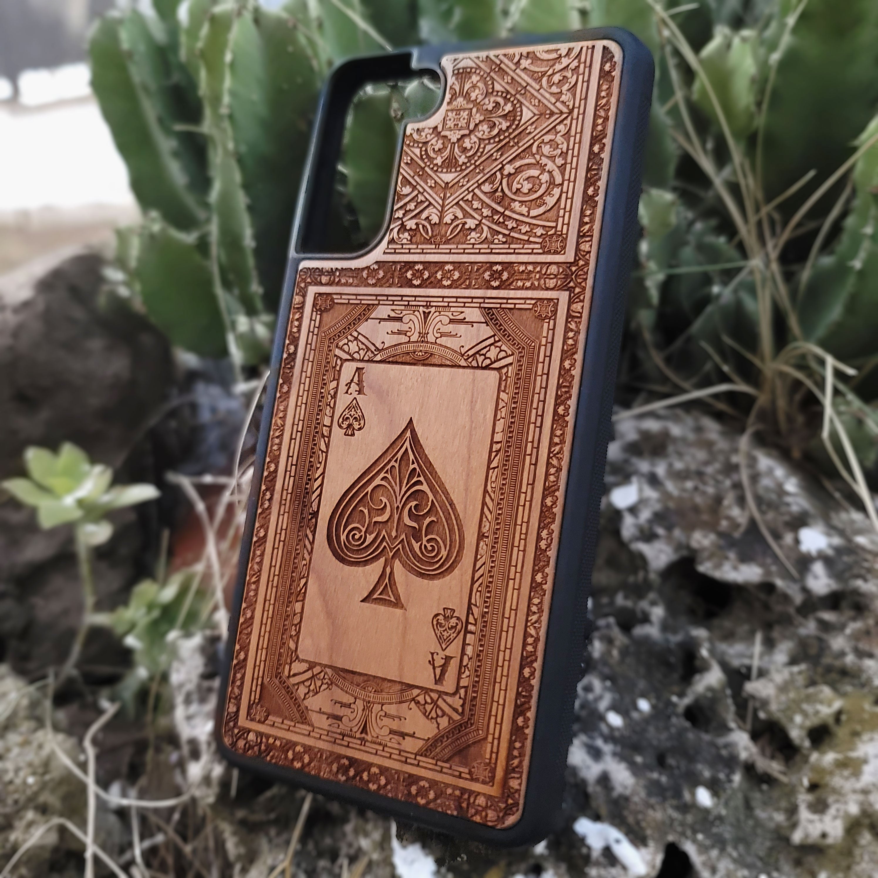 Engraved Ace of Spades wood phone case for iPhone and Galaxy
